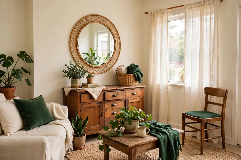 Small living room decorated on a budget with a mirror and plants