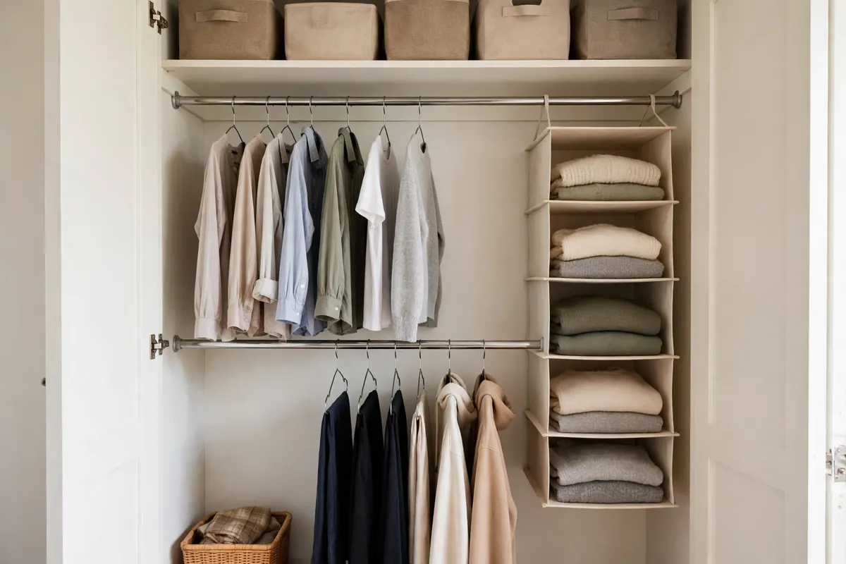 Small closet storage ideas: a double-hang rod, slim hangers and hanging shelves doubling closet space