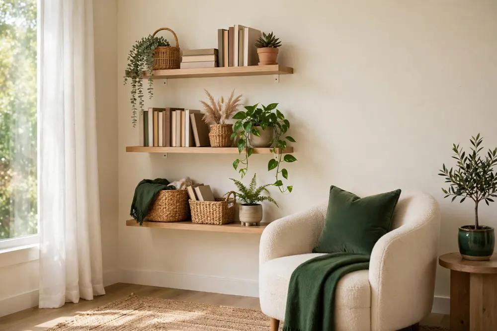 No-drill shelves with books and plants on a rental wall