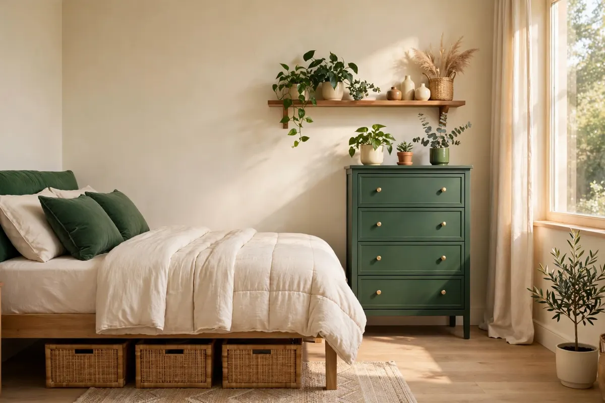 Small apartment bedroom with under-bed storage baskets, a tall green dresser and a wall shelf with plants