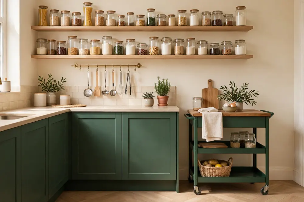 Small kitchen storage ideas with open shelves and jars
