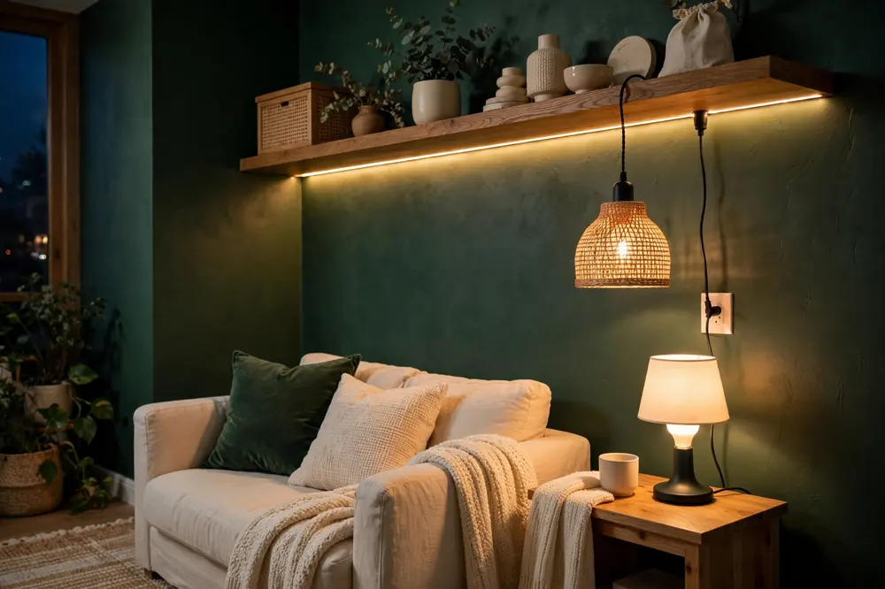Cozy apartment corner with warm smart lighting and no wiring