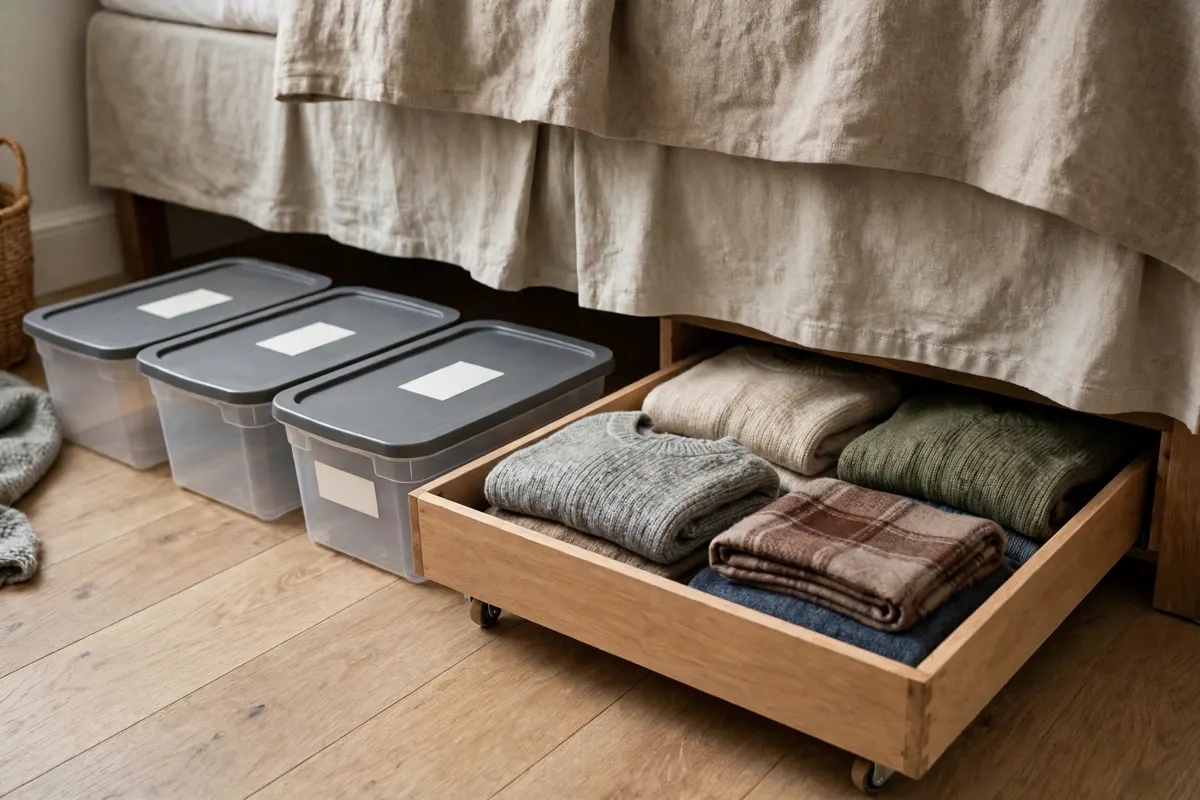 Under-bed storage bins and a rolling drawer in a small bedroom