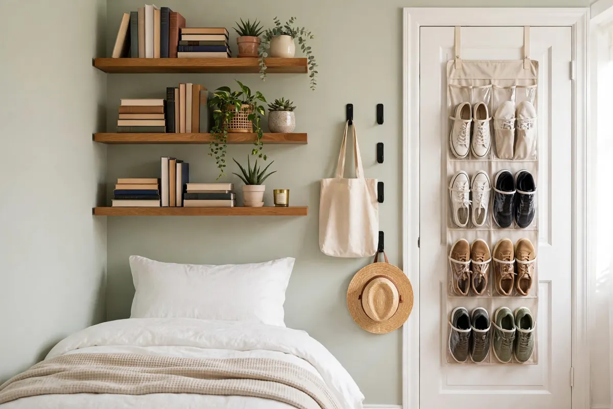 Vertical storage ideas for small bedrooms: shelves above the bed, an over-the-door organizer and renter-safe hooks